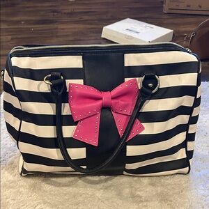 Betsey Johnson Black and White Striped Bag with Pink Bow